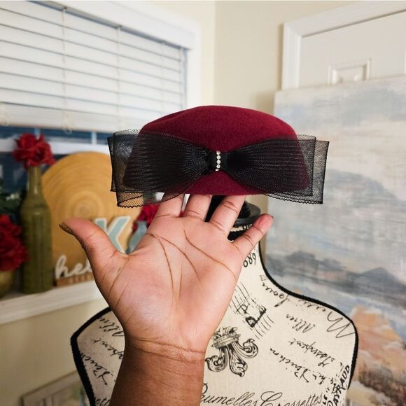 VTG Retro Wool Felt Mesh Bow Accent Pillbox Stylish Beret Hat. - Picture 3 of 15